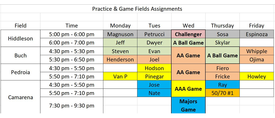 2023 Fall Ball Practice Schedule