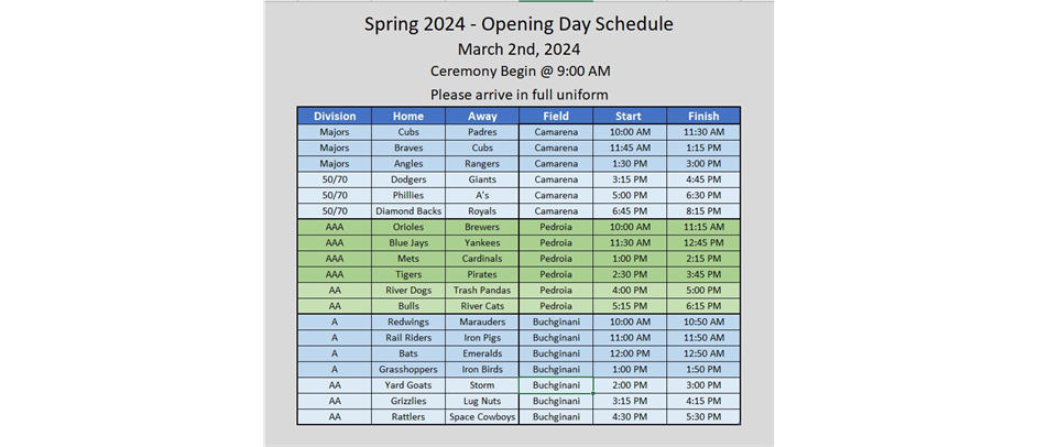 2024 - Opening Day Schedule