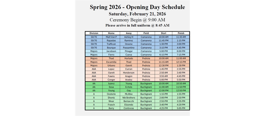 Opening Day Schedule