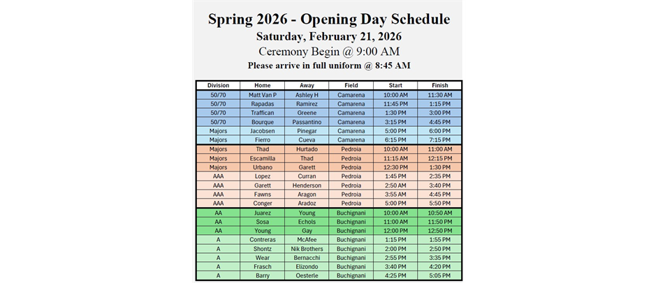 Opening Day Schedule
