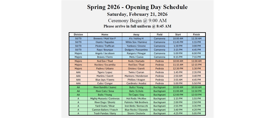 Opening Day Schedule